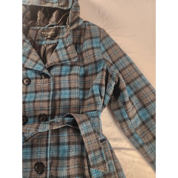 Metaphor Women’s XL Plaid Hooded Peacoat Wool Blend Double Breasted Belted - Picture 3 of 13